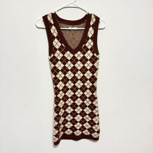 Hollister Dress Women Size XS Brown Plaid Sleeveless Cotton Knit Sweater Mini